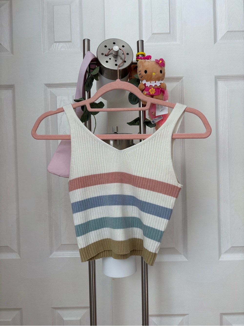 Striped Ribbed Knit Tank Top in Cream with Pastel Stripes